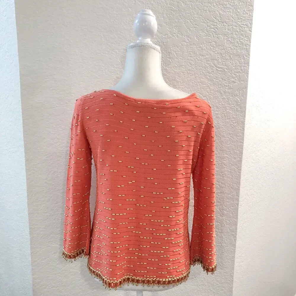 Vintage Oscar De La Renta 100% Silk Beaded Coral Sweater Top